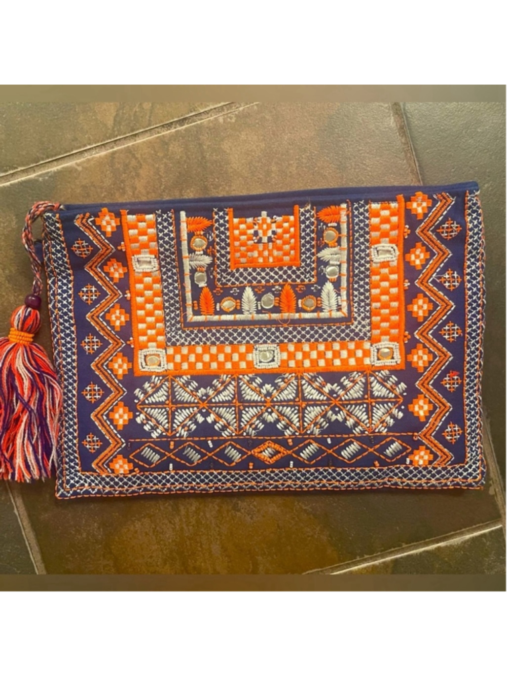 SL by Street Level Orange Navy Embroidered Cotton Canvas Wristlet Clutch